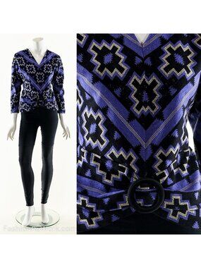 Purple Knit Sweater, Abstract Geometric Sweater, Aztec Long Sleeve Top, Vintage